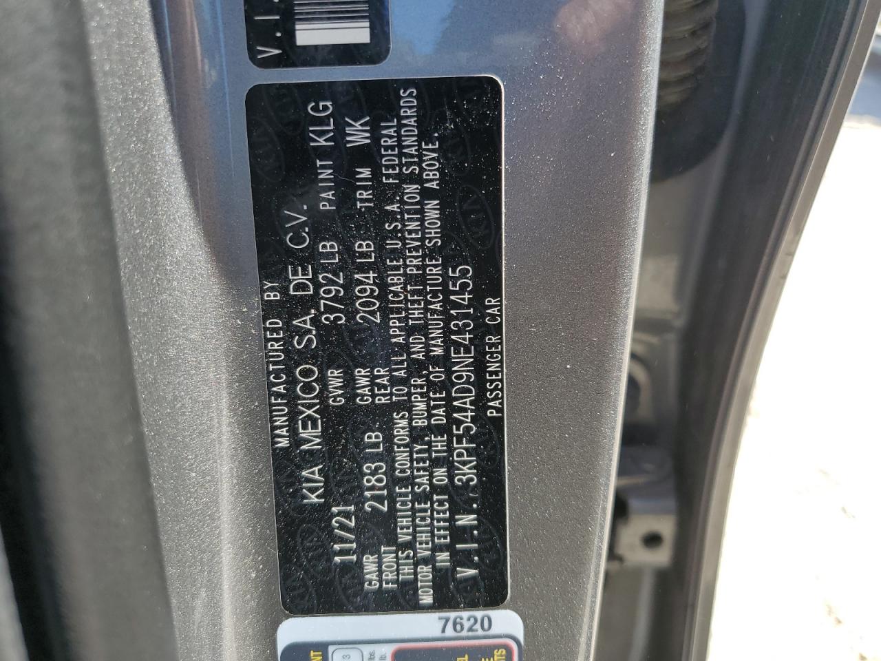2022 KIA FORTE GT LINE VIN:3KPF54AD9NE431455