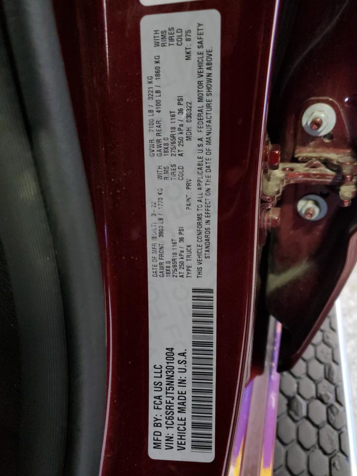 2022 RAM 1500 LARAMIE VIN:1C6SRFJT5NN301004