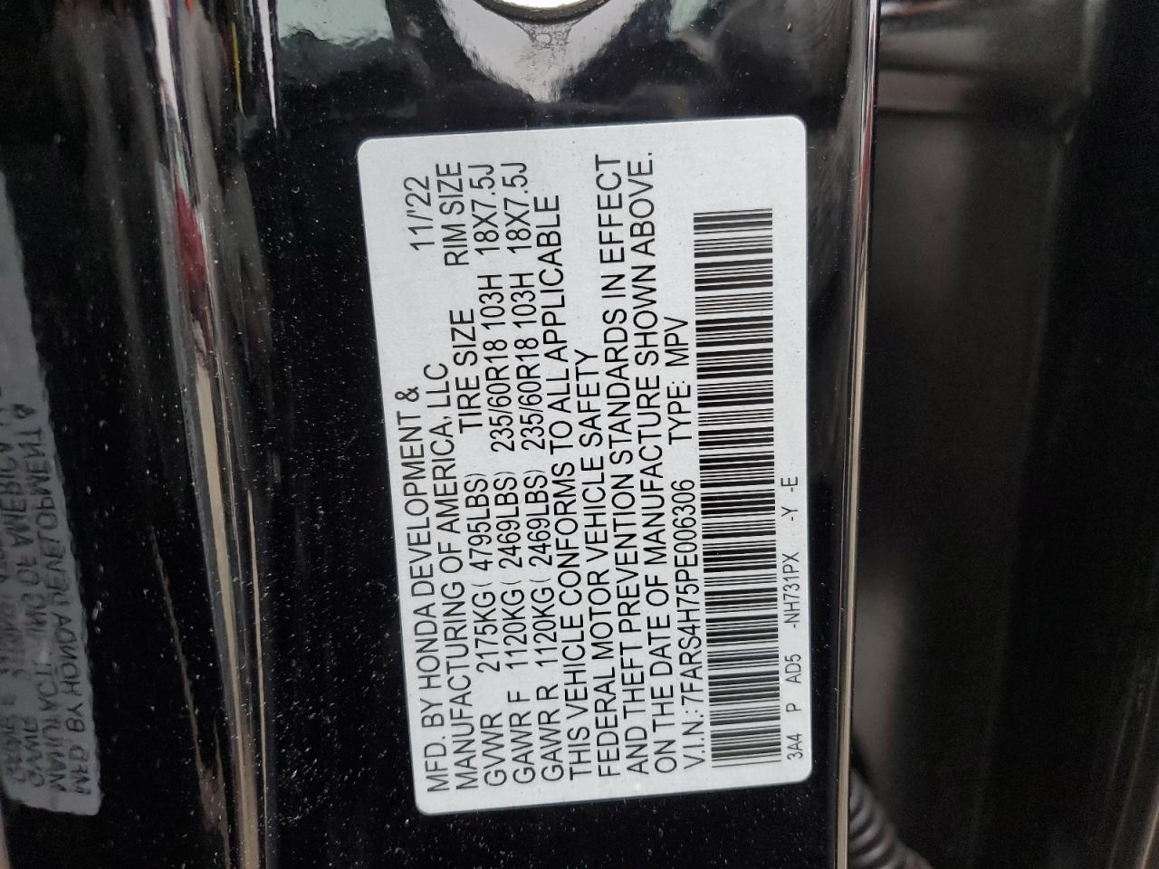 2023 HONDA CR-V EXL VIN:7FARS4H75PE006306