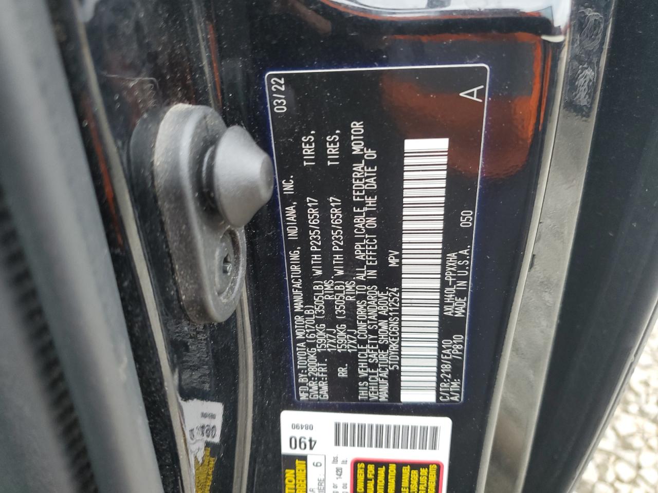 2022 TOYOTA SIENNA XLE VIN:5TDYRKEC6NS112524