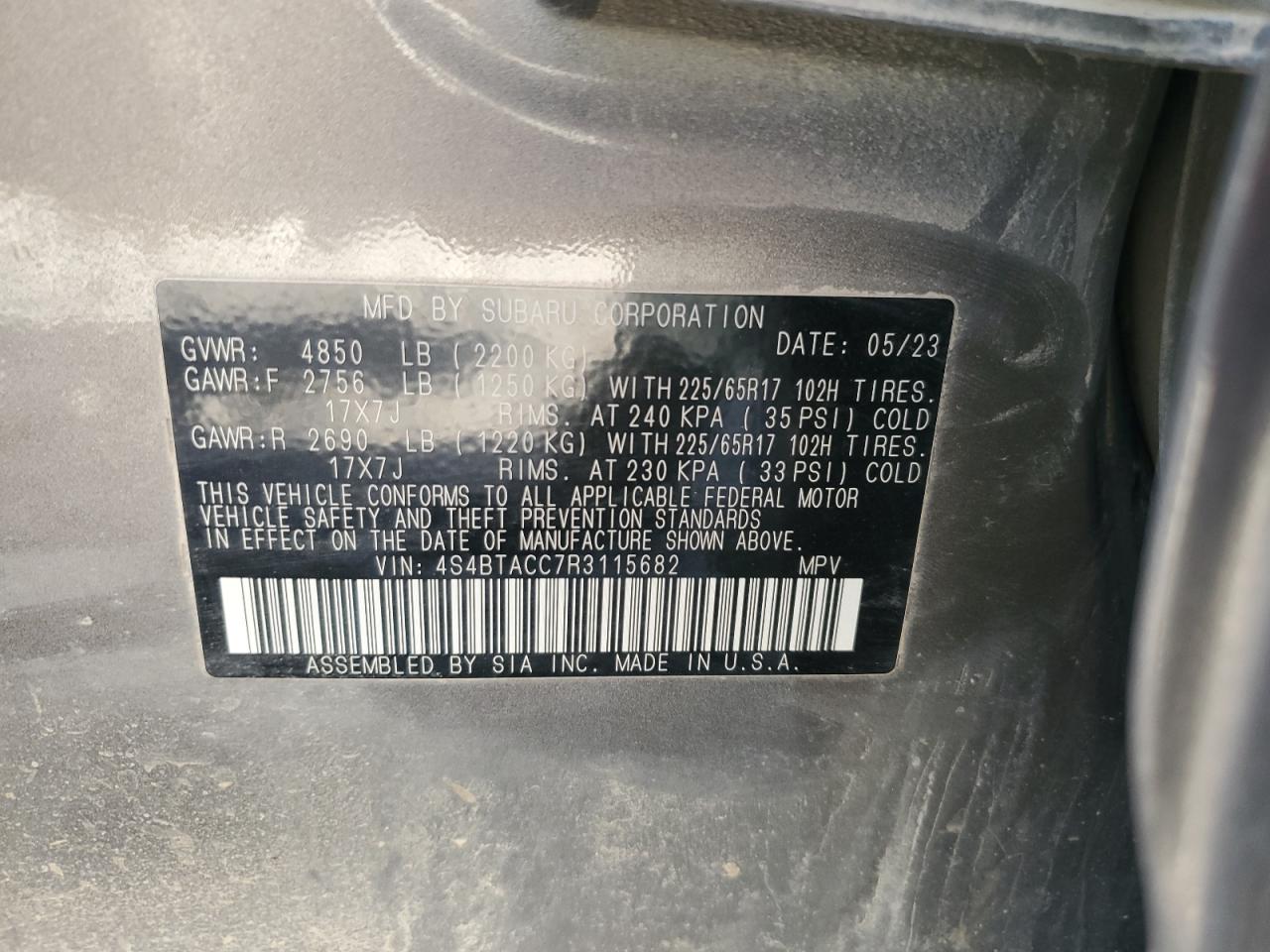 2024 SUBARU OUTBACK PREMIUM VIN:4S4BTACC7R3115682