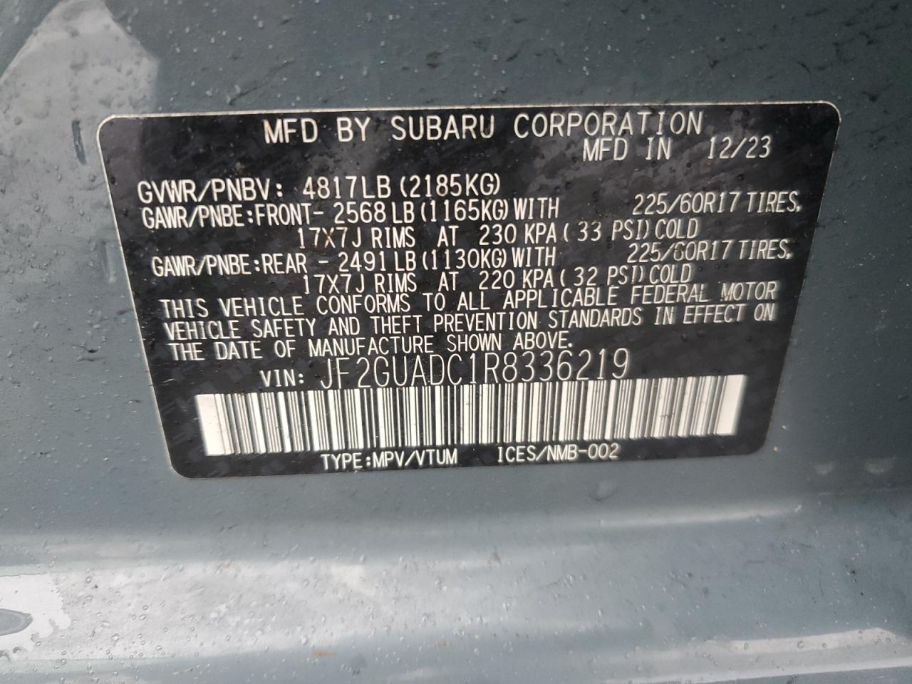 2024 SUBARU CROSSTREK PREMIUM VIN:JF2GUADC1R8336219