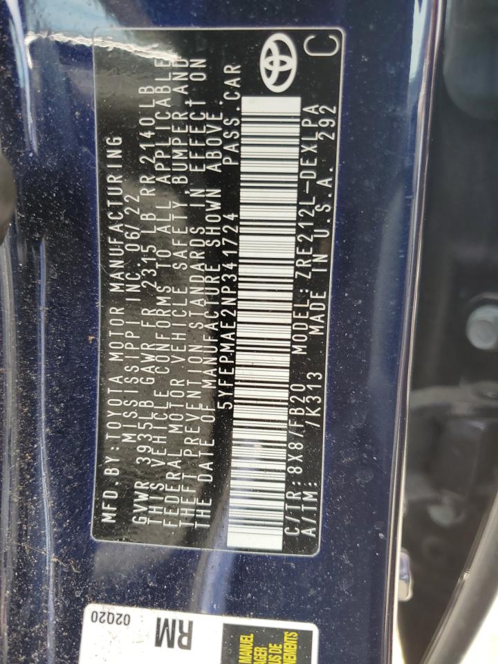 2022 TOYOTA COROLLA LE VIN:5YFEPMAE2NP341724