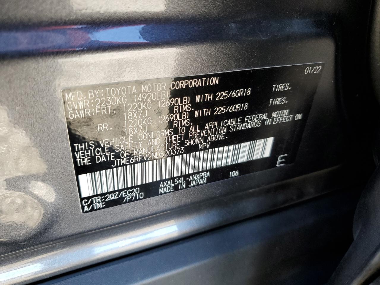 2022 TOYOTA RAV4 XSE VIN:JTME6RFV2ND520373