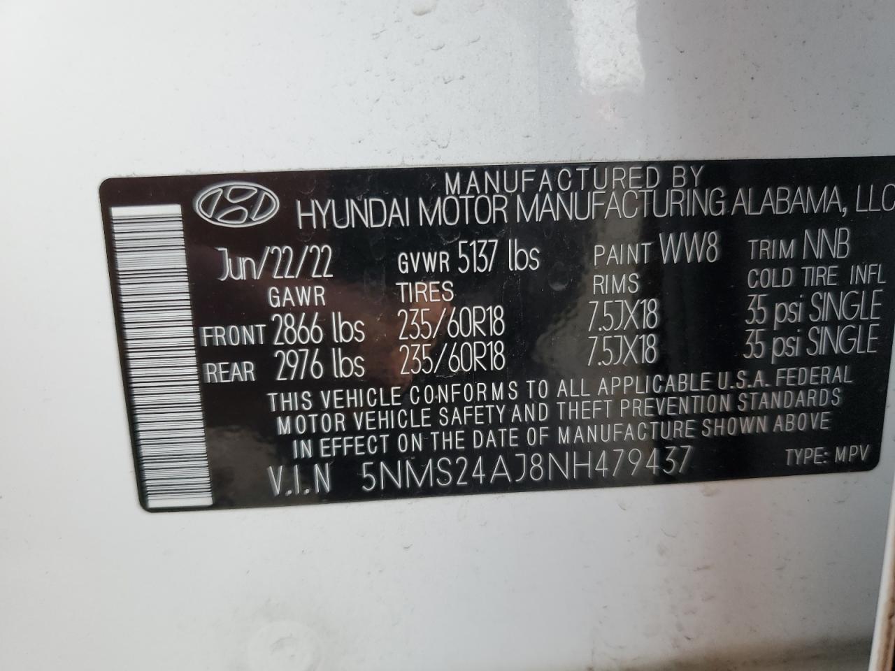 2022 HYUNDAI SANTA FE SEL VIN:5NMS24AJ8NH479437