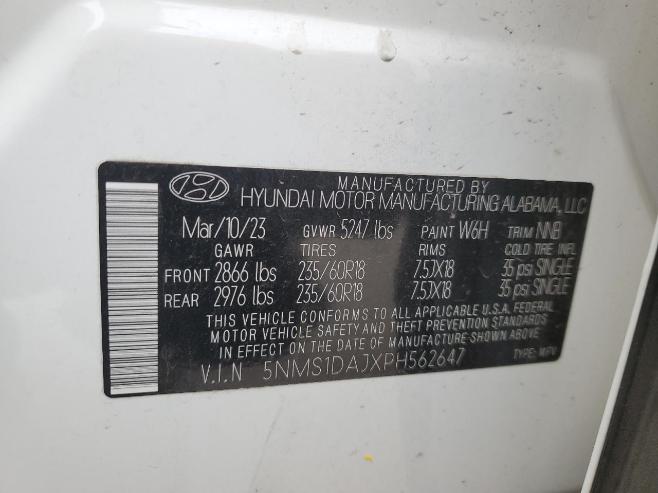 2023 HYUNDAI SANTA FE SE VIN:5NMS1DAJXPH562647