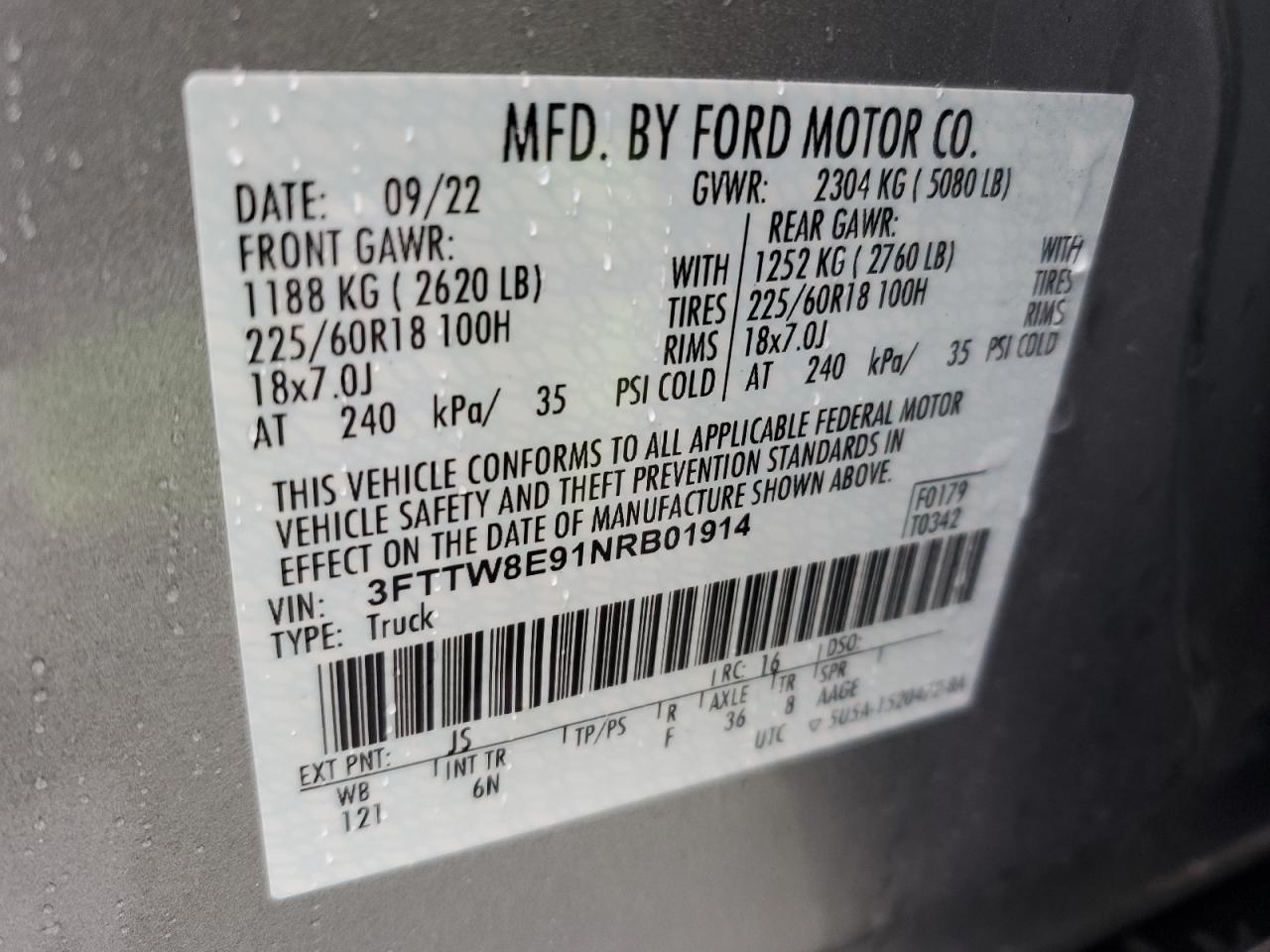 2022 FORD MAVERICK XL VIN:3FTTW8E91NRB01914