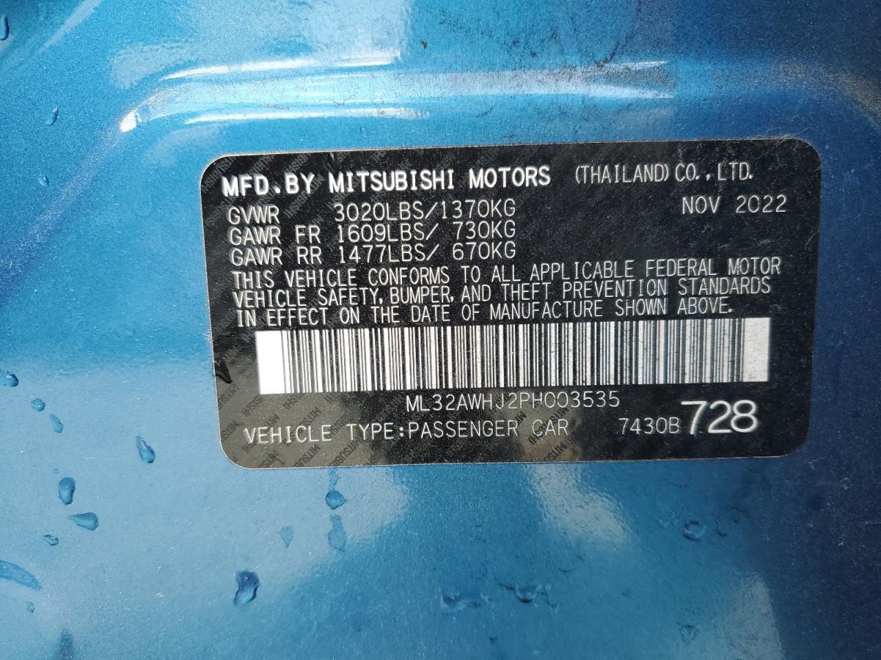 2023 MITSUBISHI MIRAGE SE VIN:ML32AWHJ2PH003535