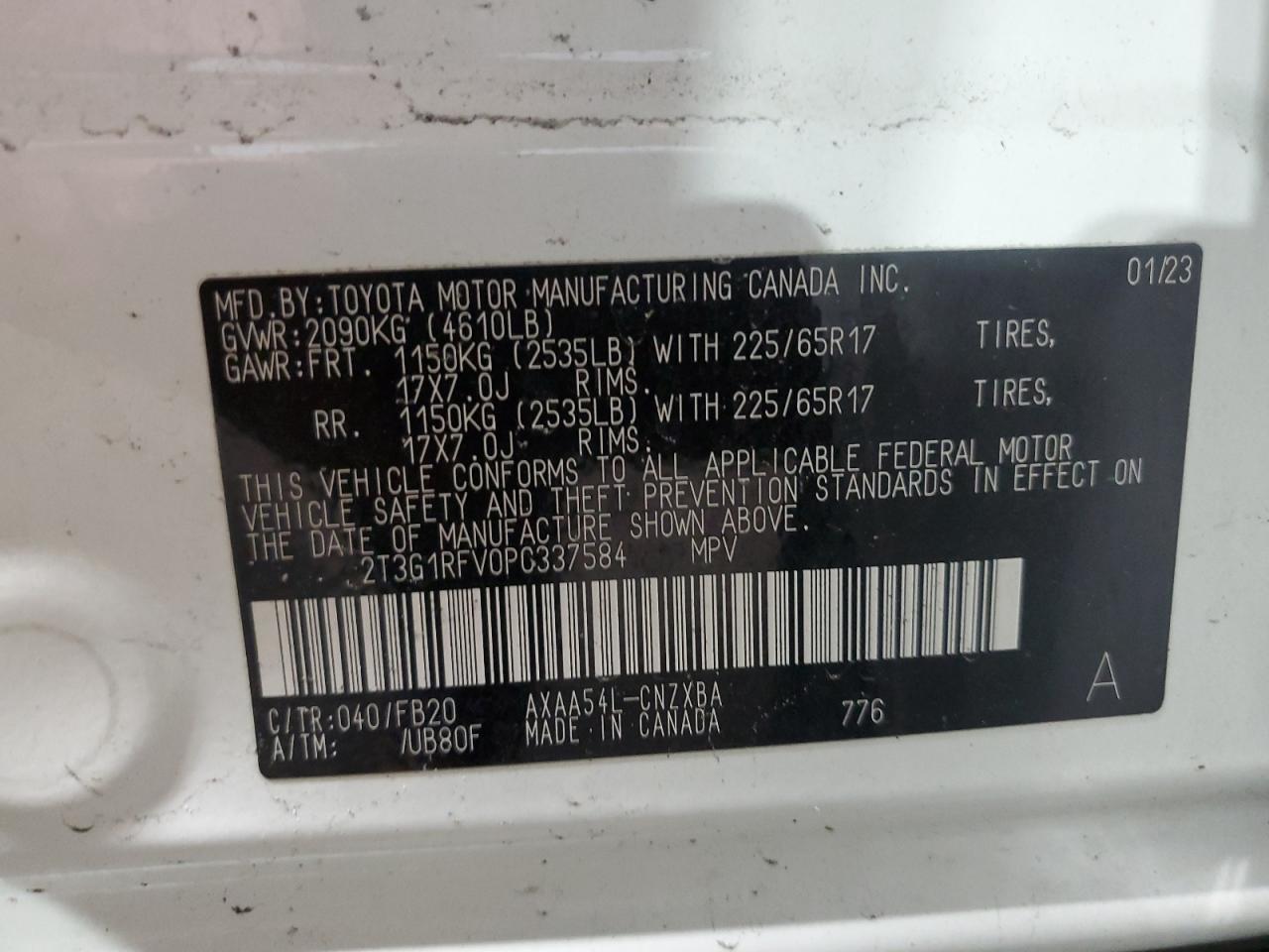 2023 TOYOTA RAV4 LE VIN:2T3G1RFV0PC337584