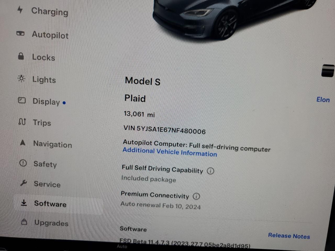 2022 TESLA MODEL S  VIN:5YJSA1E67NF480006