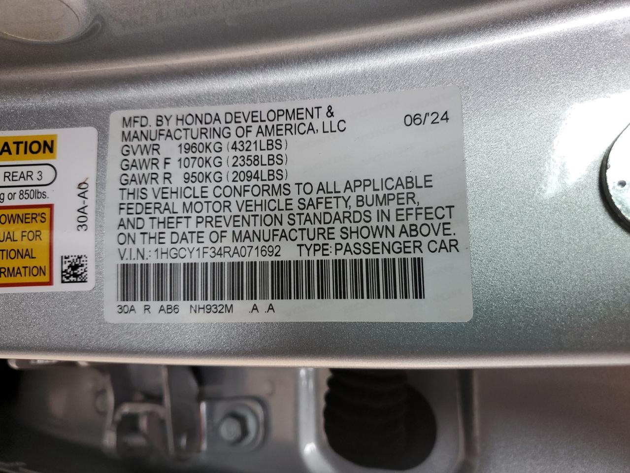 2024 HONDA ACCORD EX VIN:1HGCY1F34RA071692