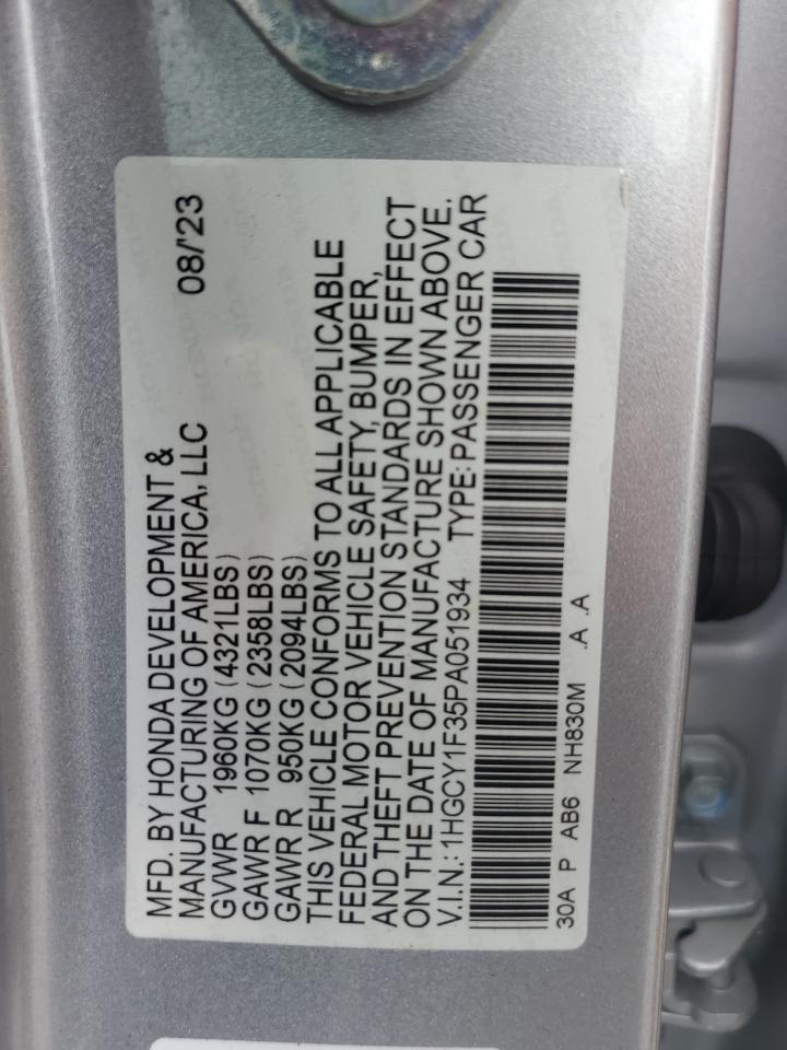 2023 HONDA ACCORD EX VIN:1HGCY1F35PA051934