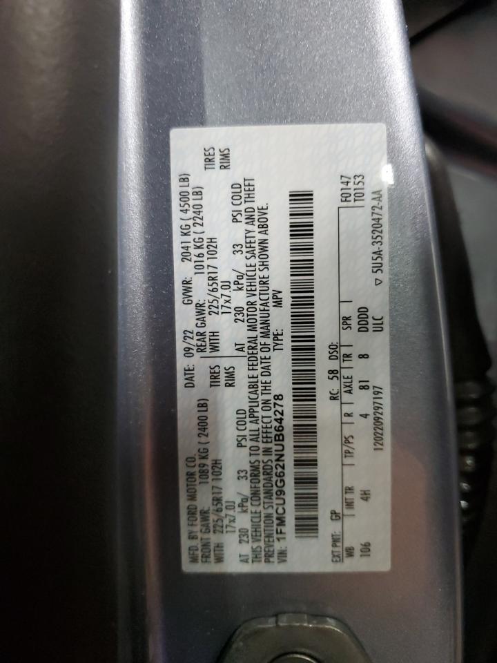 2022 FORD ESCAPE SE VIN:1FMCU9G62NUB64278
