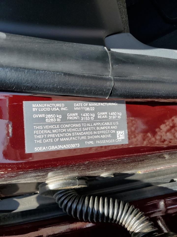 2022 LUCID MOTORS AIR GRAND TOURING VIN:50EA1GBA3NA003973