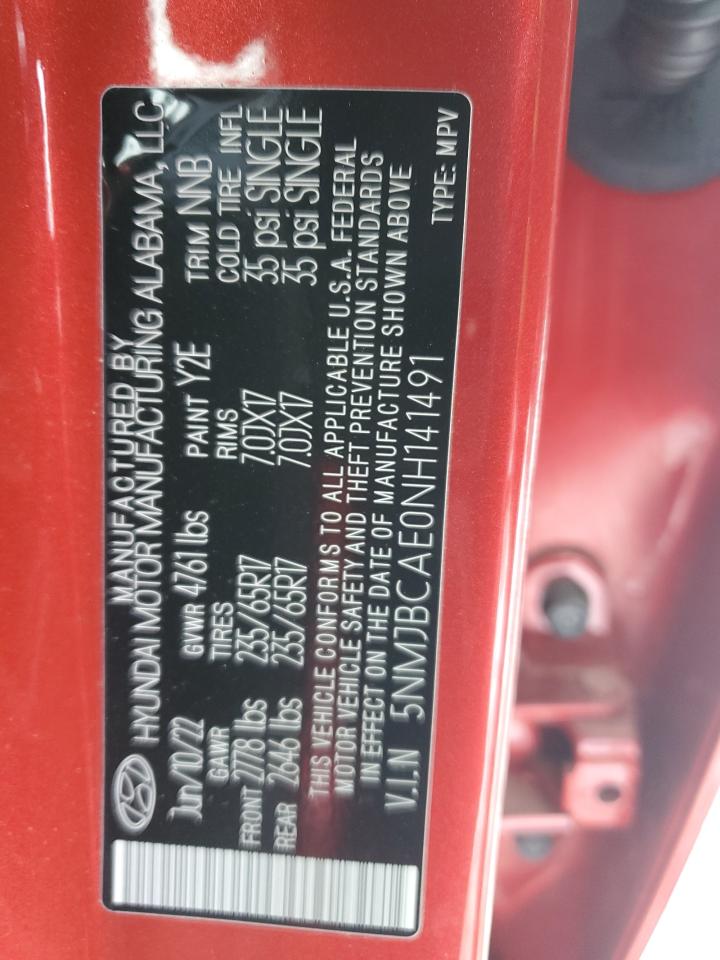 2022 HYUNDAI TUCSON SEL VIN:5NMJBCAE0NH141491