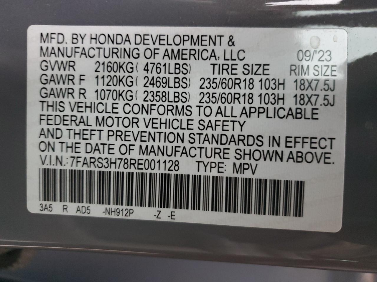 2024 HONDA CR-V EXL VIN:7FARS3H78RE001128