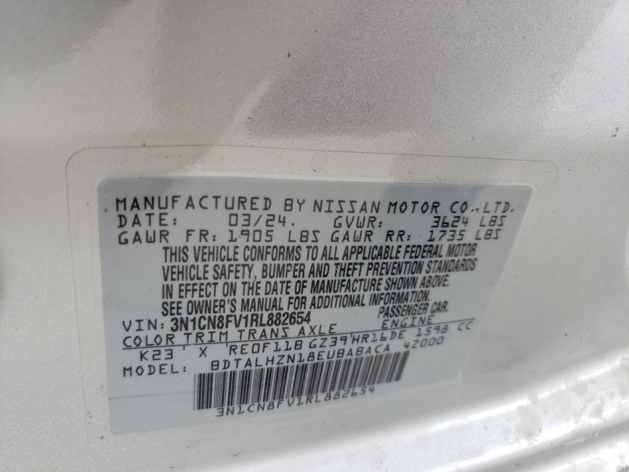 2024 NISSAN VERSA SR VIN:3N1CN8FV1RL882654