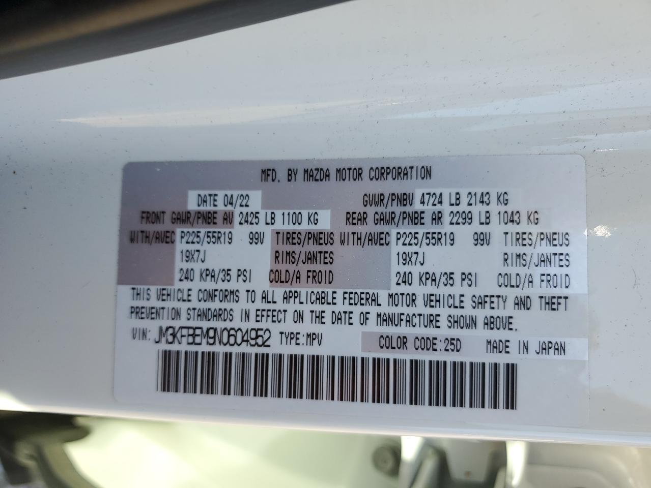 2022 MAZDA CX-5 PREMIUM PLUS VIN:JM3KFBEM9N0604952