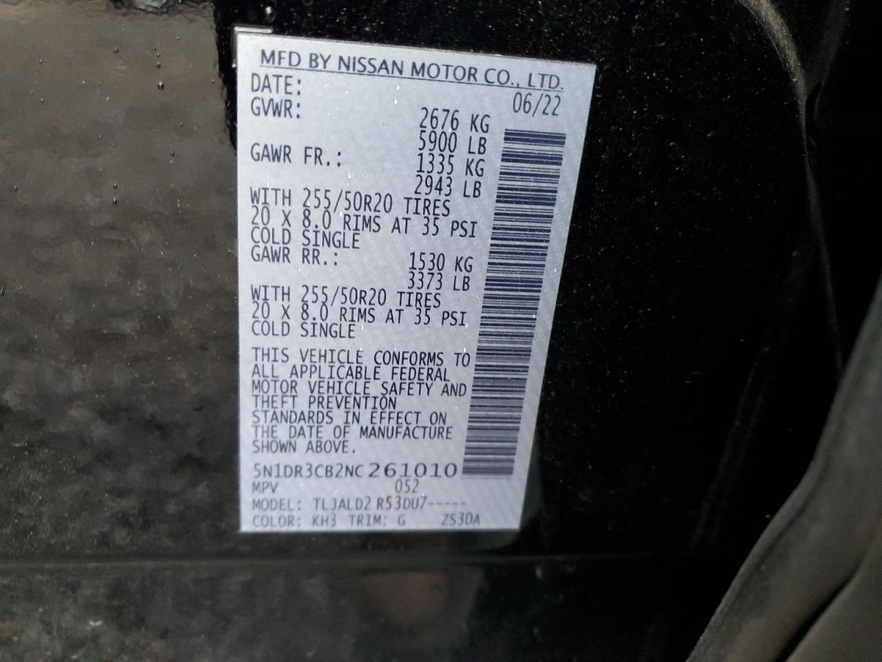 2022 NISSAN PATHFINDER SL VIN:5N1DR3CB2NC261010