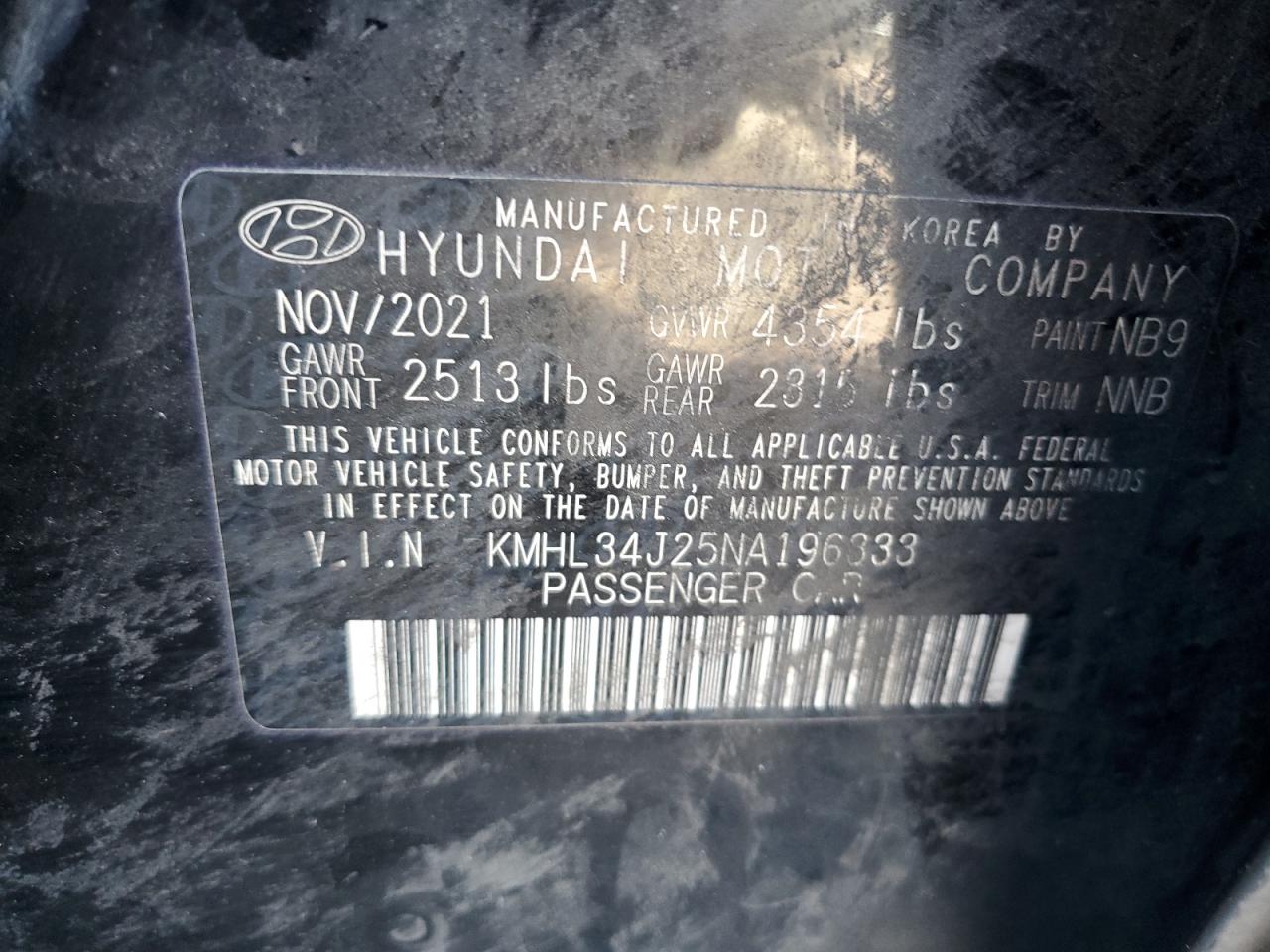 2022 HYUNDAI SONATA LIMITED VIN:KMHL34J25NA196333