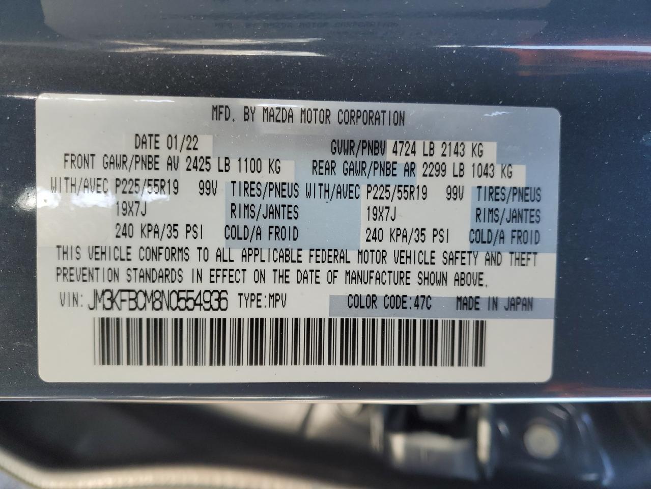 2022 MAZDA CX-5 PREFERRED VIN:JM3KFBCM8N0554936