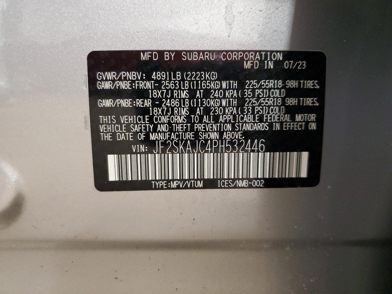 2023 SUBARU FORESTER SPORT VIN:JF2SKAJC4PH532446