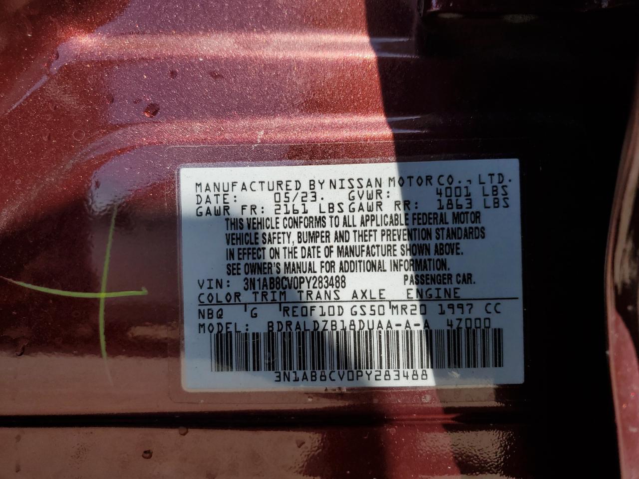 2023 NISSAN SENTRA SV VIN:3N1AB8CV0PY283488