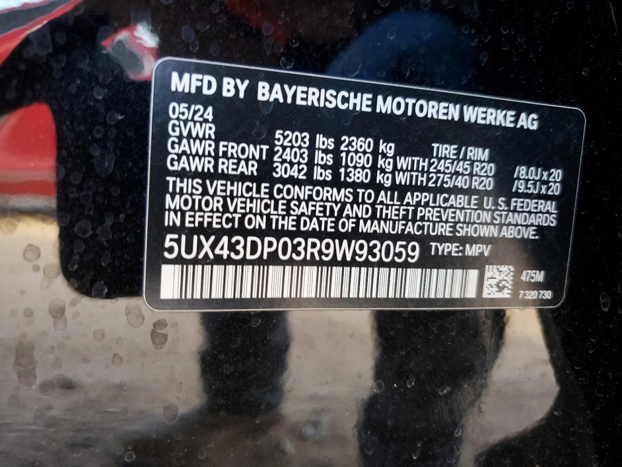 2024 BMW X3 SDRIVE30I VIN:5UX43DP03R9W93059