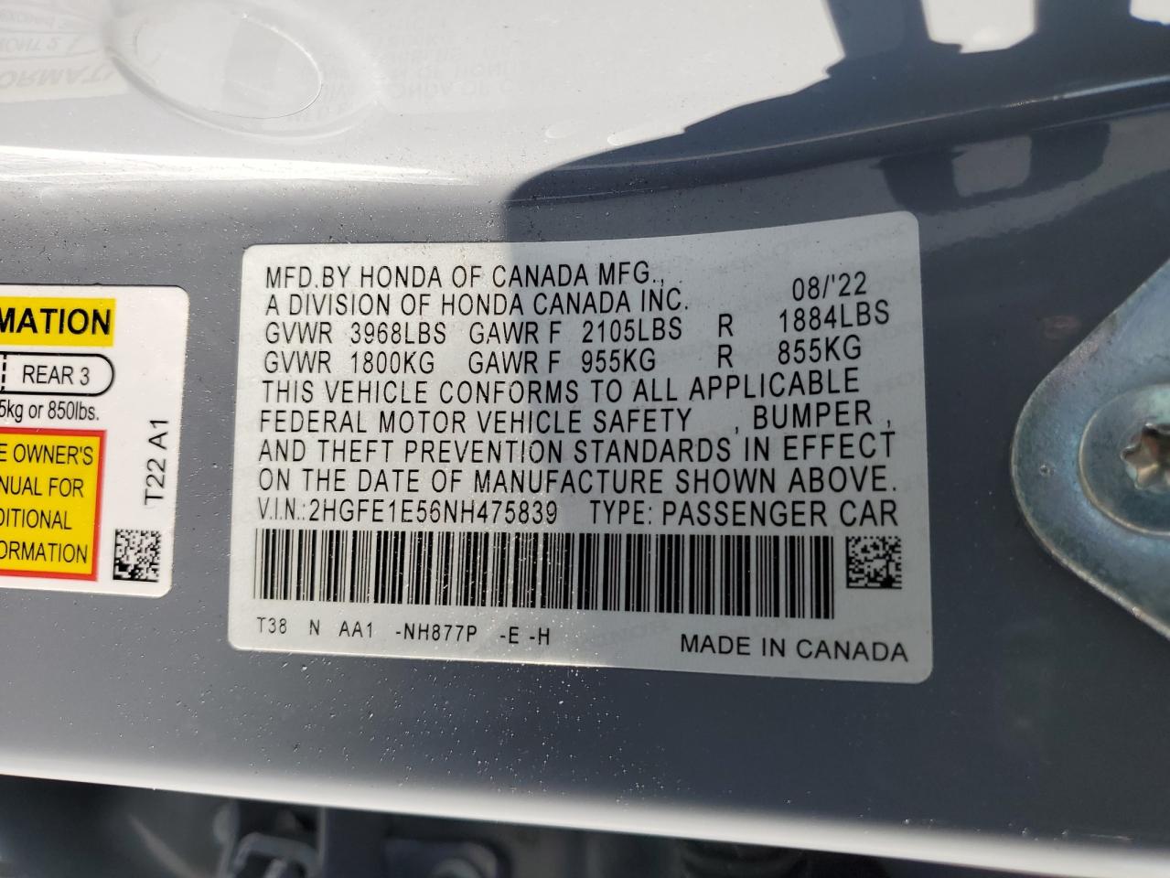 2022 HONDA CIVIC SI VIN:2HGFE1E56NH475839