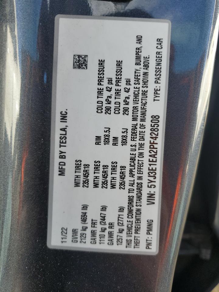 2023 TESLA MODEL 3  VIN:5YJ3E1EA2PF428508