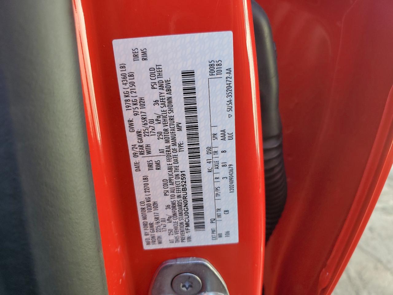 2024 FORD ESCAPE ACTIVE VIN:1FMCU0GN0RUB52591