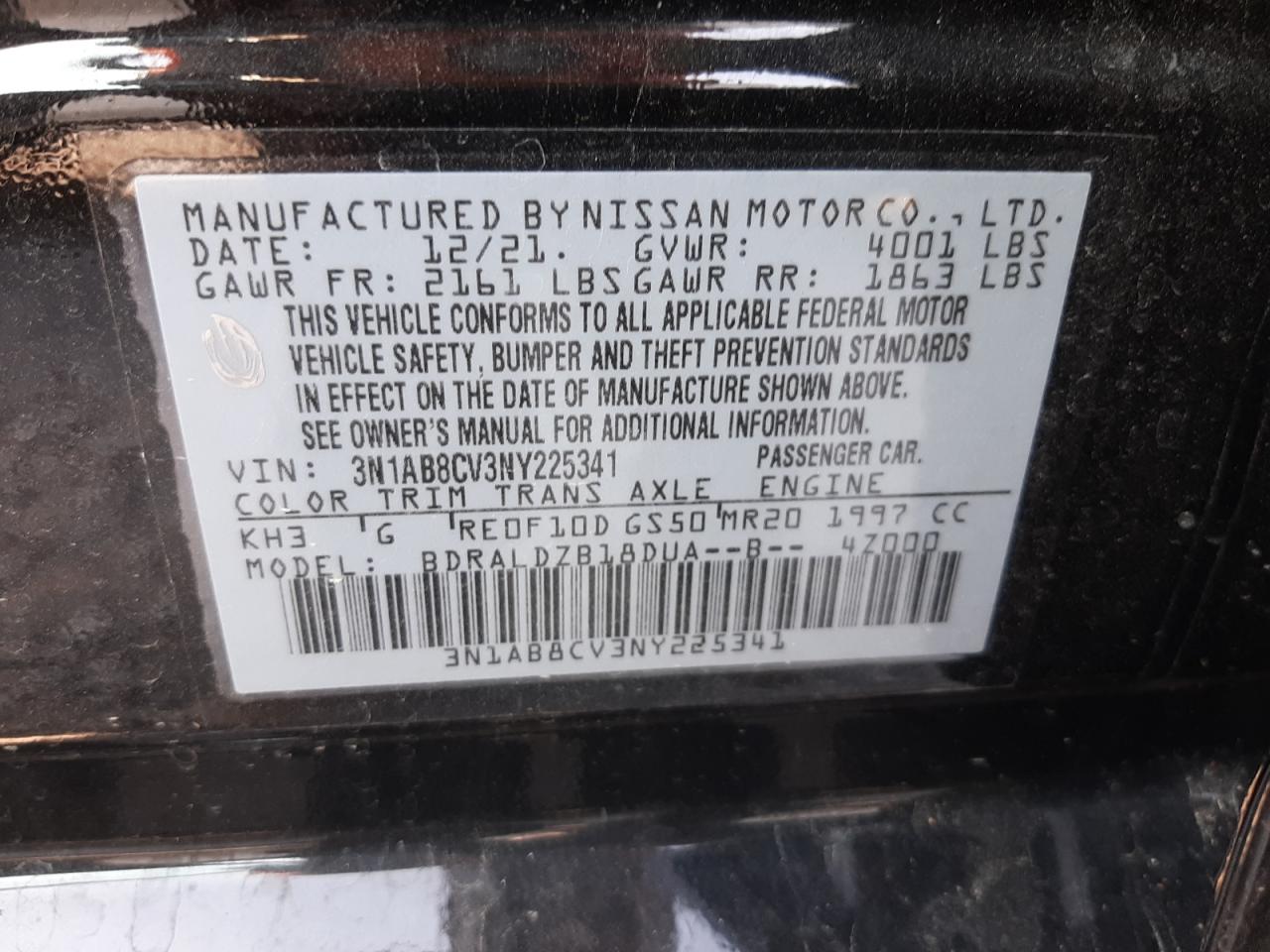 2022 NISSAN SENTRA SV VIN:3N1AB8CV3NY225341