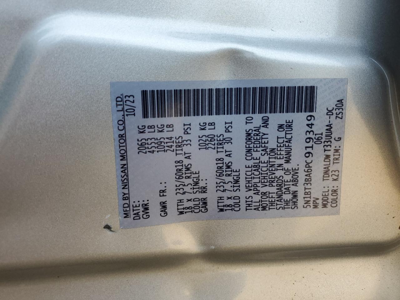 2023 NISSAN ROGUE SV VIN:5N1BT3BA6PC919349