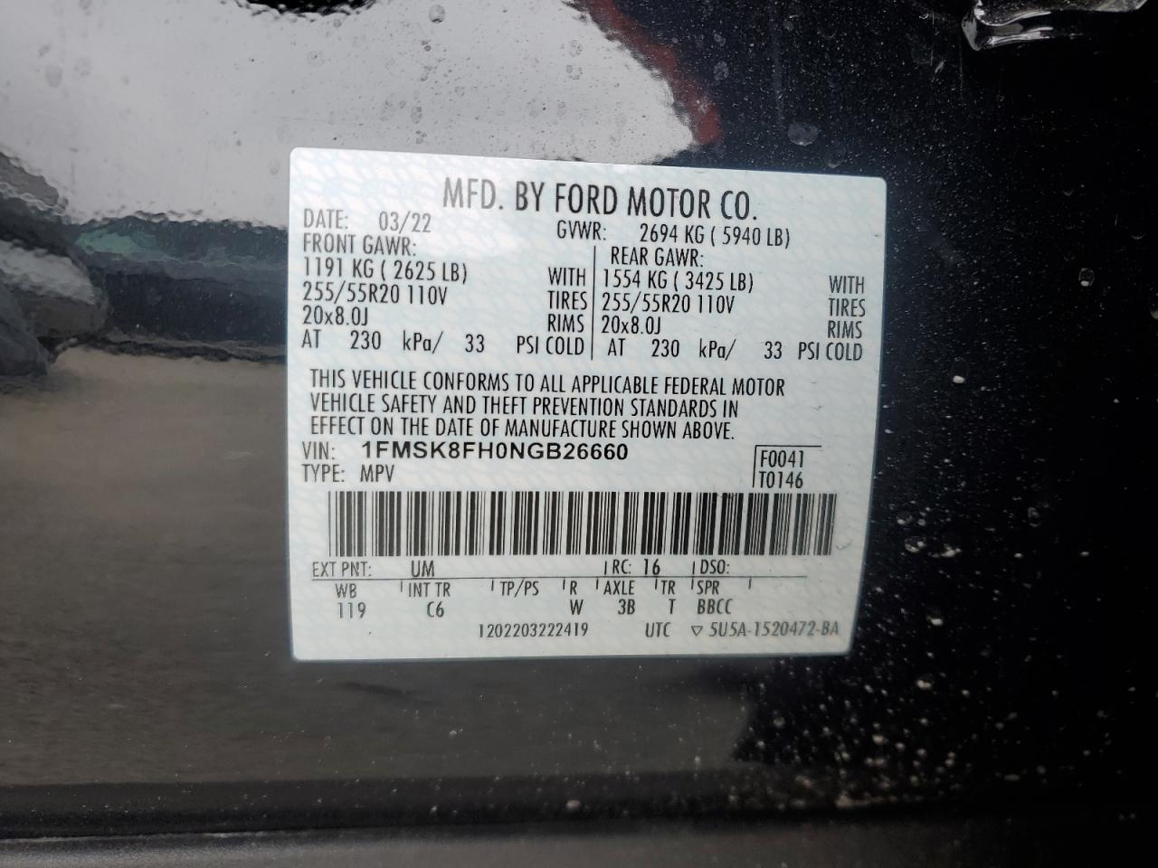 2022 FORD EXPLORER LIMITED VIN:1FMSK8FH0NGB26660