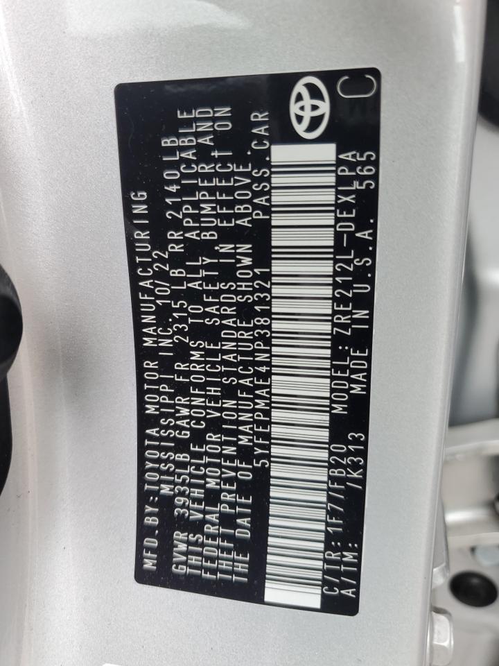 2022 TOYOTA COROLLA LE VIN:5YFEPMAE4NP381321