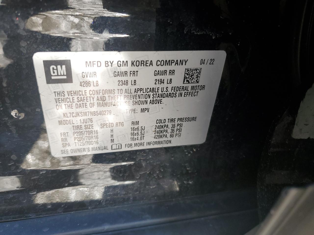 2022 CHEVROLET TRAX LS VIN:KL7CJKSM7NB540279