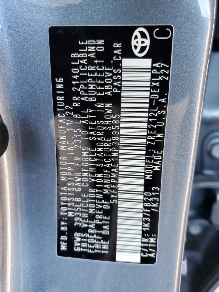 2022 TOYOTA COROLLA LE VIN:5YFEPMAE1NP389585