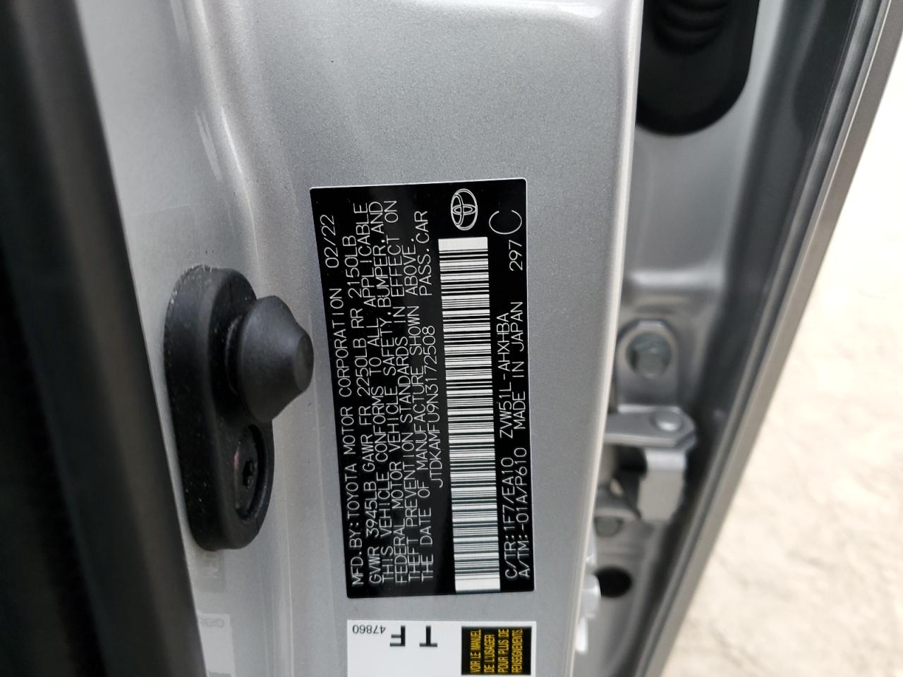 2022 TOYOTA PRIUS NIGHT SHADE VIN:JTDKAMFU9N3172508