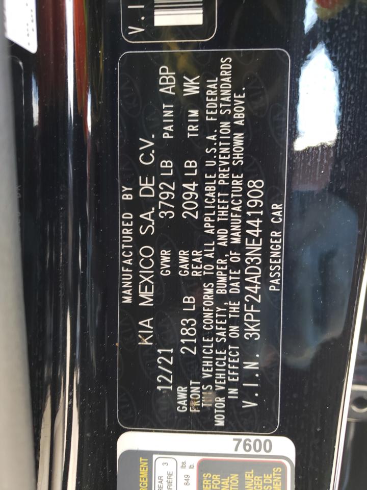 2022 KIA FORTE FE VIN:3KPF24AD3NE441908