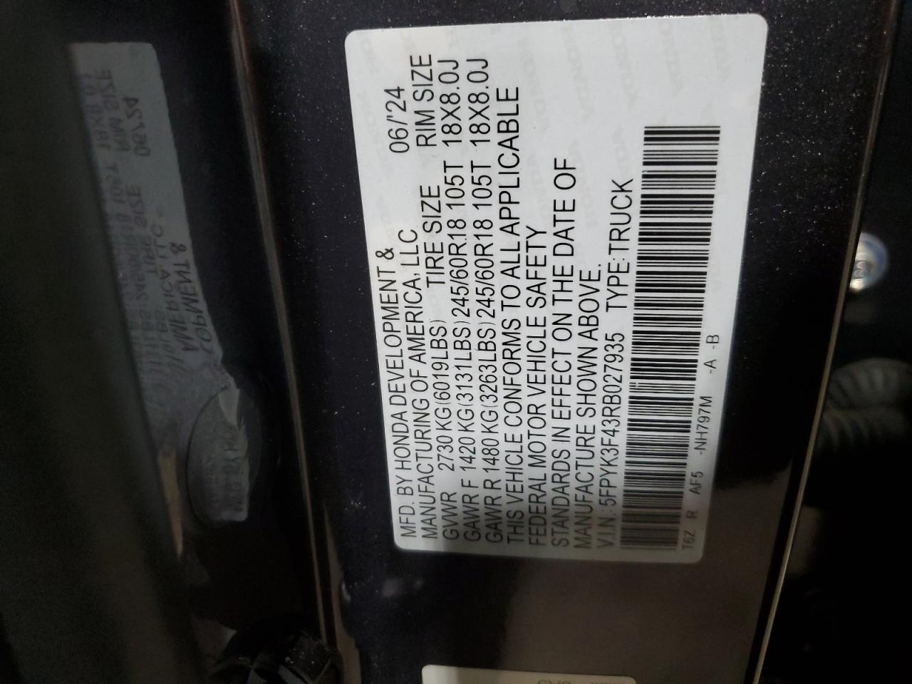 2024 HONDA RIDGELINE RTL VIN:1FTNE24L46HB44670