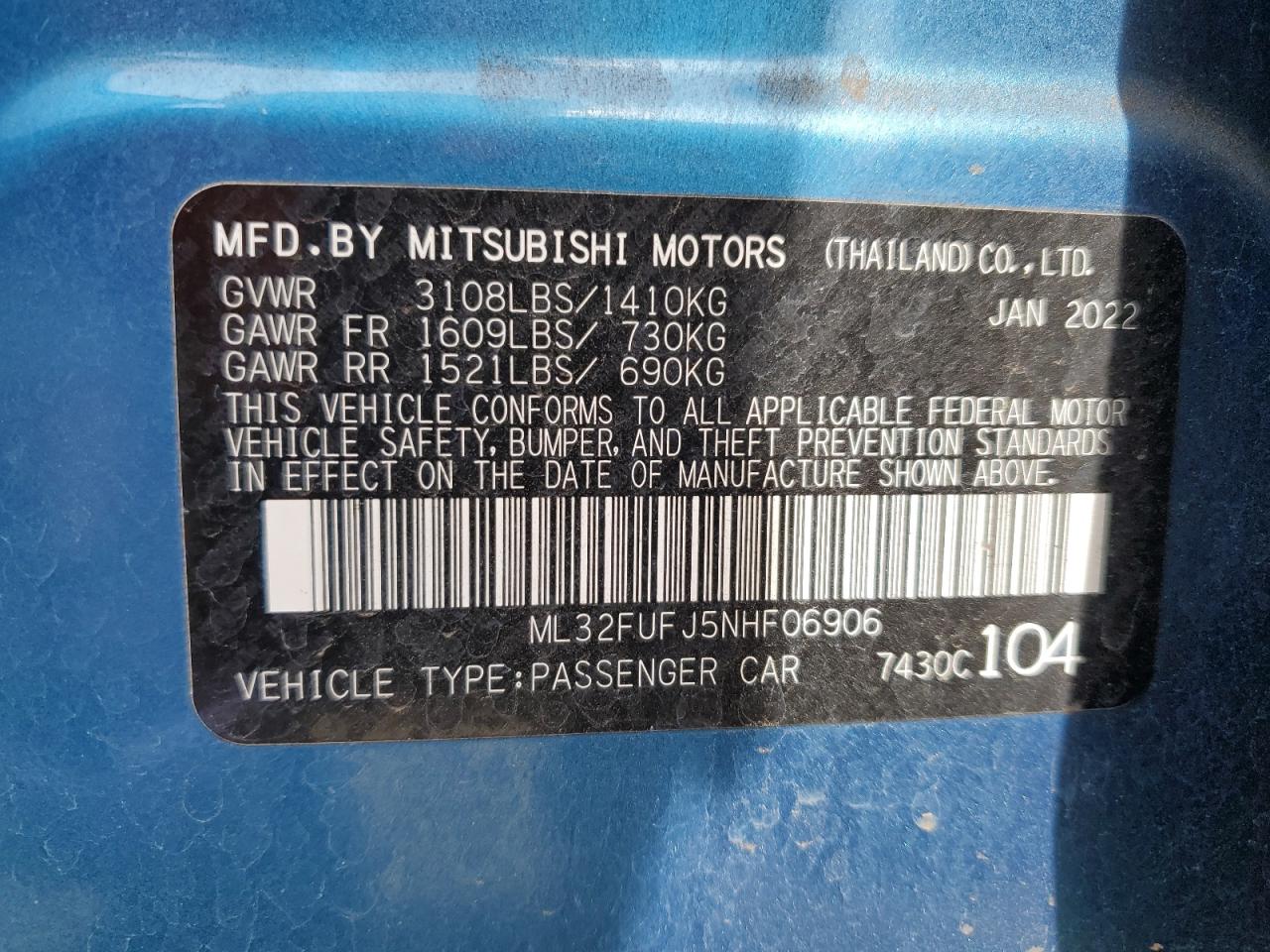2022 MITSUBISHI MIRAGE G4 ES VIN:ML32FUFJ5NHF06906