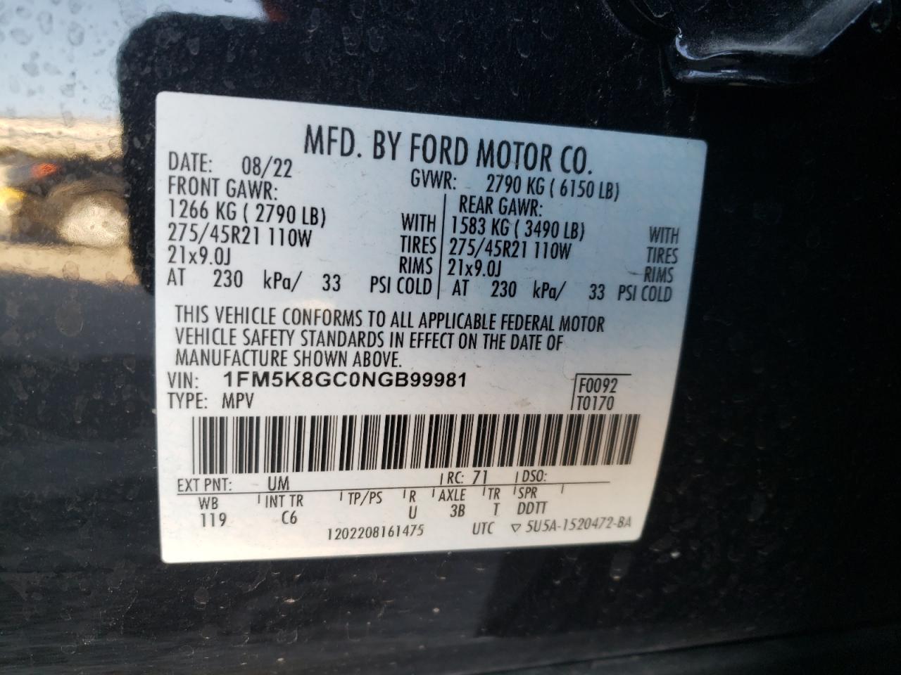 2022 FORD EXPLORER ST VIN:1FM5K8GC0NGB99981