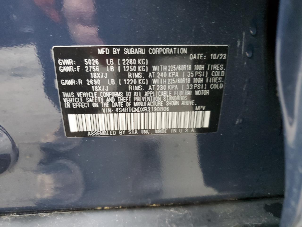 2024 SUBARU OUTBACK LIMITED XT VIN:4S4BTGNDXR3190806