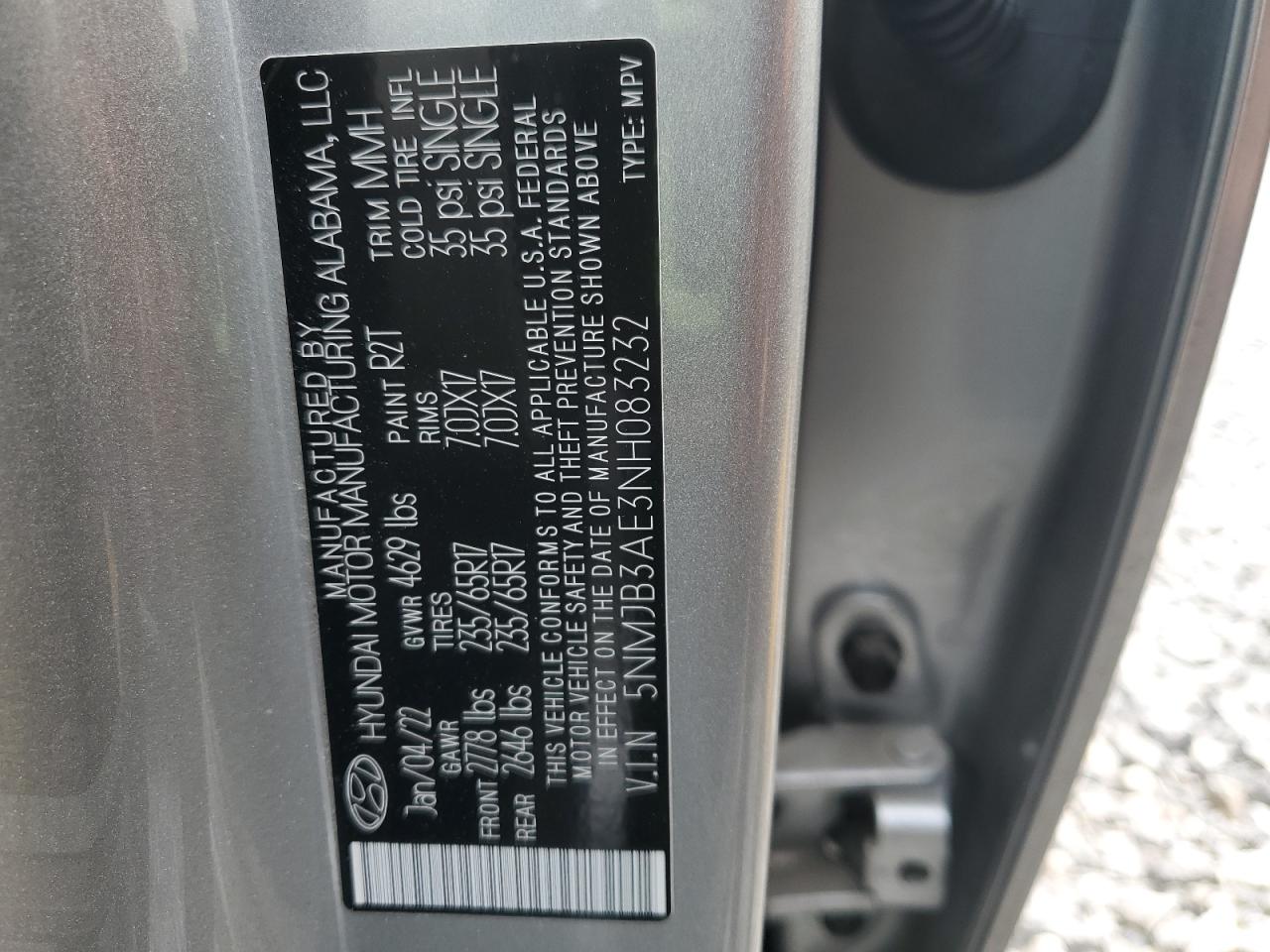 2022 HYUNDAI TUCSON SEL VIN:5NMJB3AE3NH083232