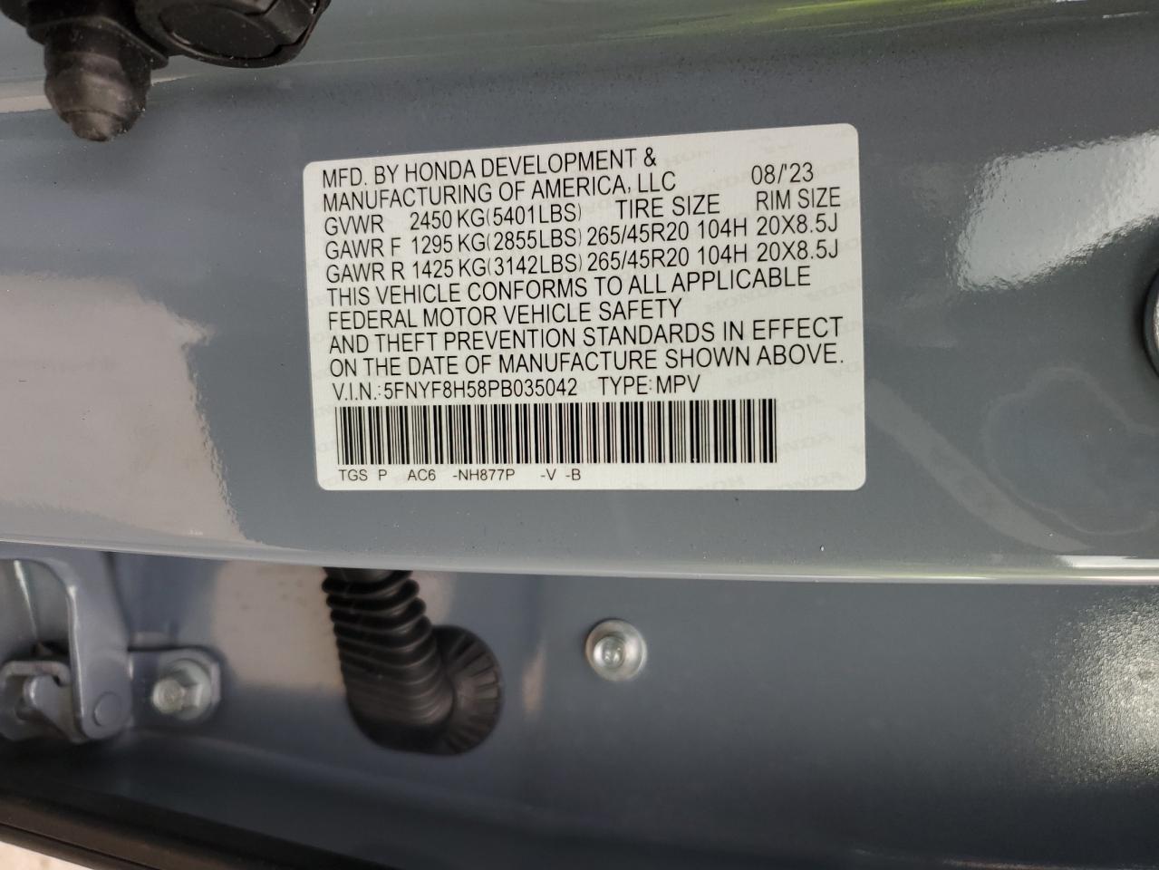 2023 HONDA PASSPORT EXL VIN:5FNYF8H58PB035042