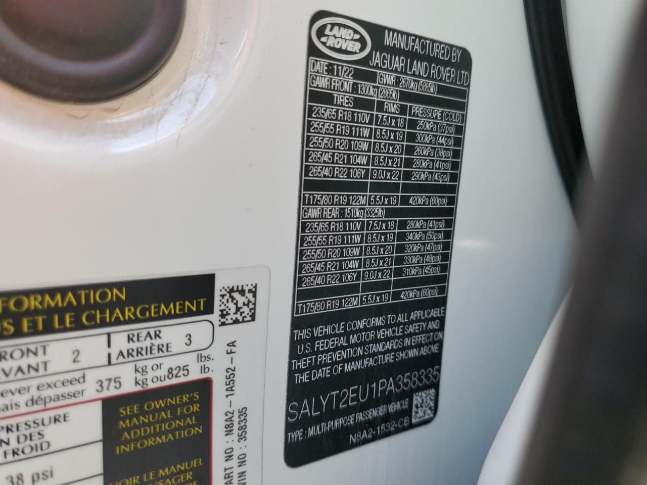 2023 LAND ROVER RANGE ROVER VELAR R-DYNAMIC S VIN:SALYT2EU1PA358335