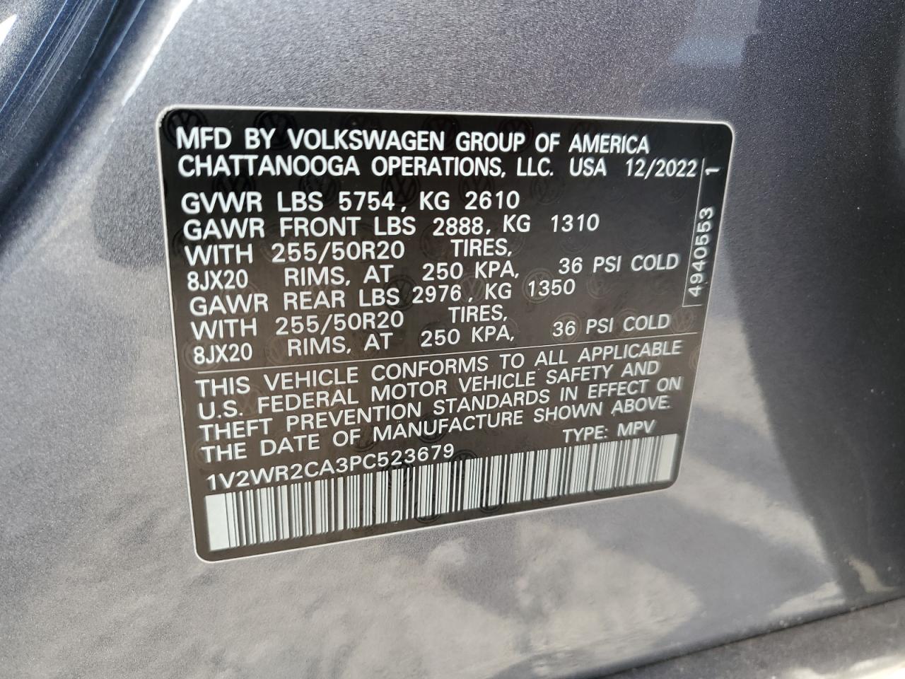 2023 VOLKSWAGEN ATLAS SE VIN:1V2WR2CA3PC523679