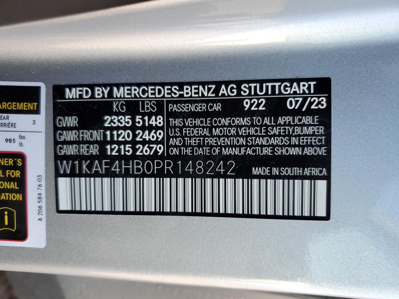 2023 MERCEDES-BENZ C 300 4MATIC VIN:W1KAF4HB0PR148242