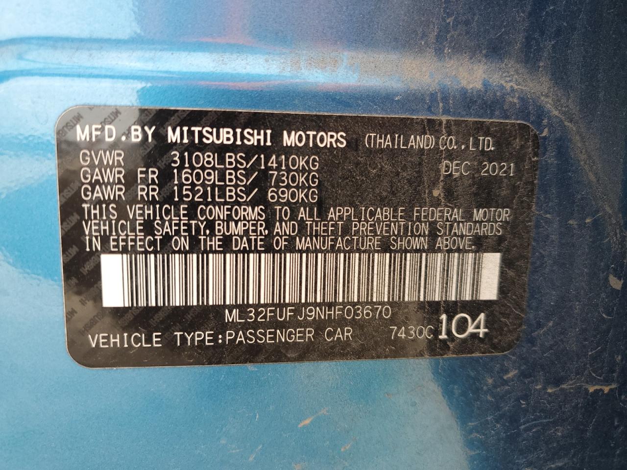 2022 MITSUBISHI MIRAGE G4 ES VIN:ML32FUFJ9NHF03670