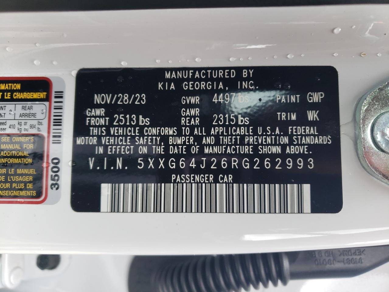 2024 KIA K5 GT LINE VIN:5XXG64J26RG262993